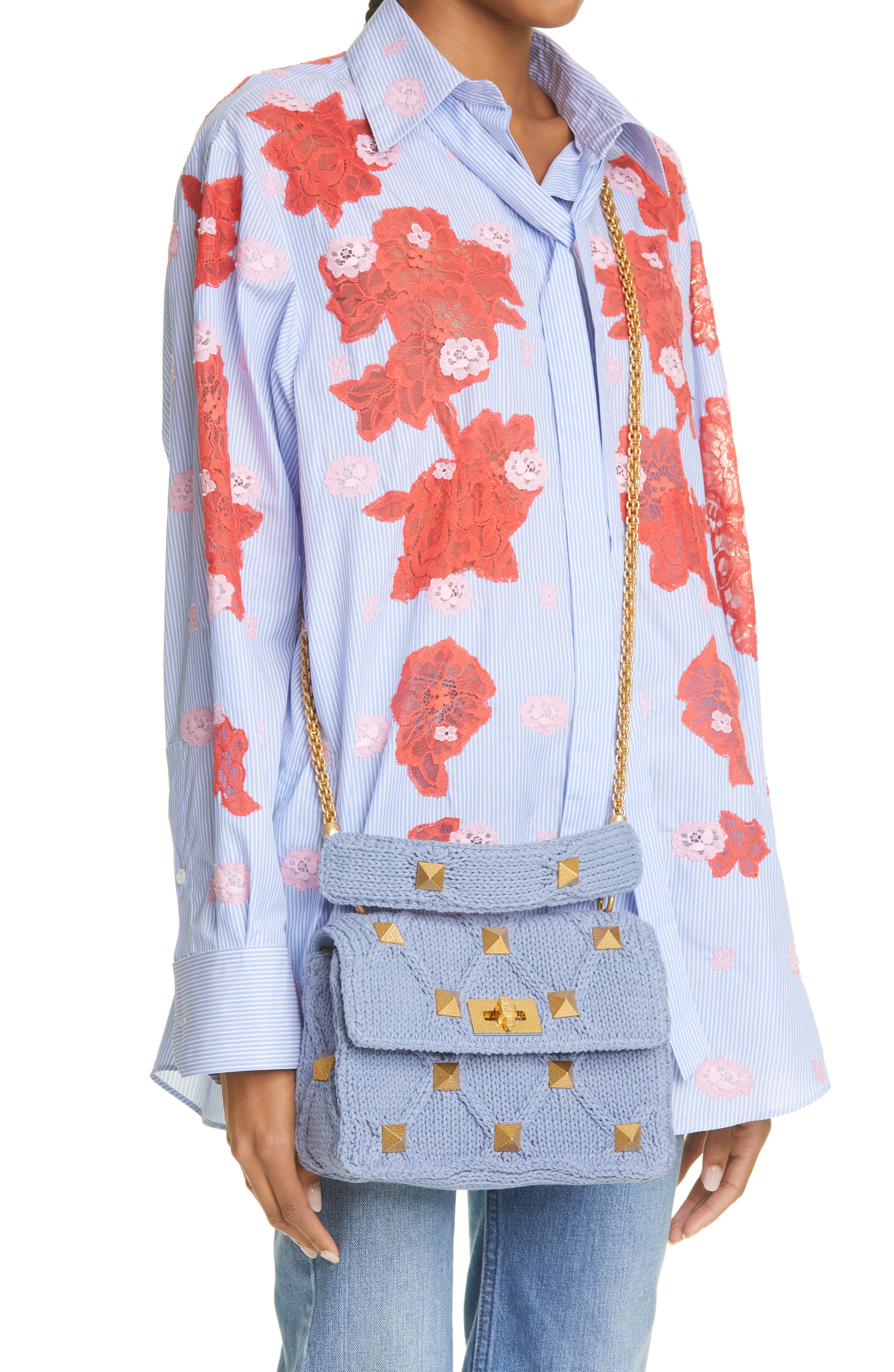 Valentino Garavani Roman Stud Knit Cotton Shoulder Bag, Alternate, color, 