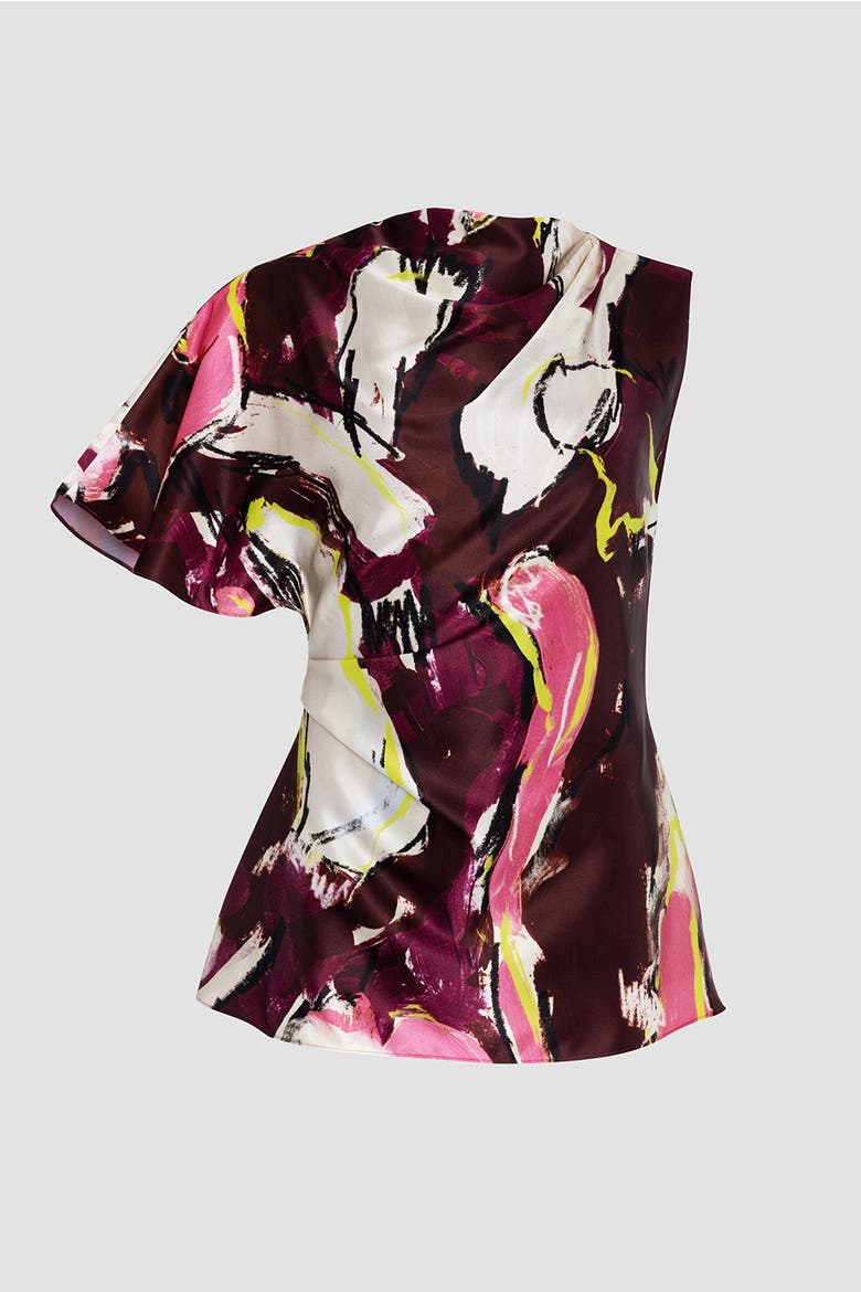 Nomi Satin Draped One-Shoulder Top, Alternate, color, Brush Burgundy