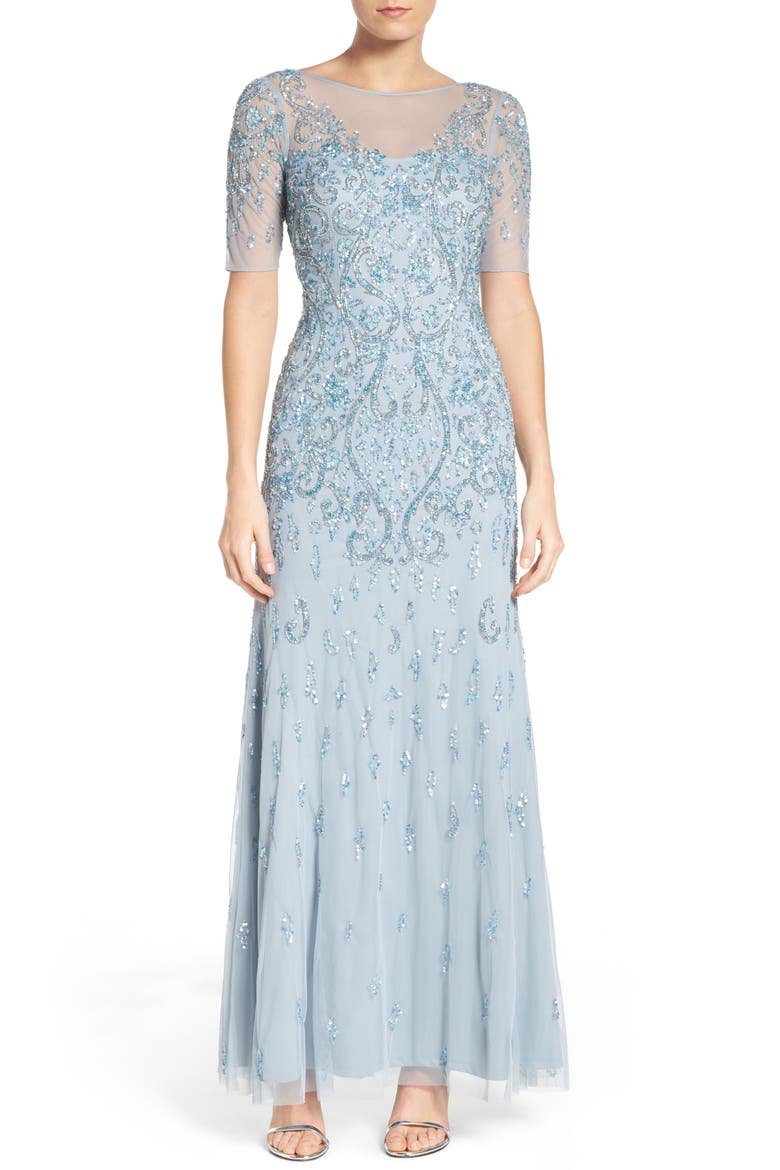 Embellished A-Line Gown, Main, color, BLUE HEATHER