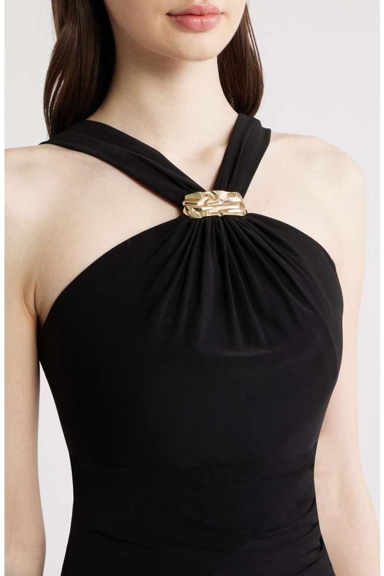Halter Neck Ruched Mermaid Gown, Alternate, color, BLACK