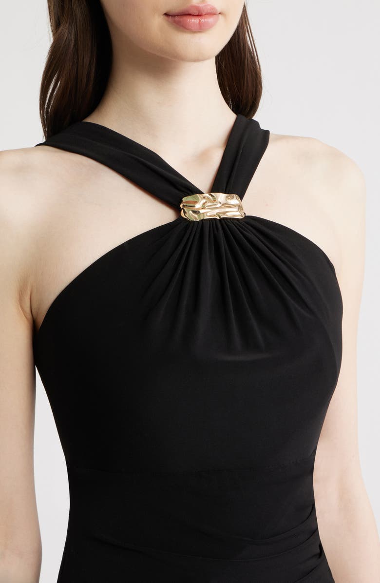 Eliza J Halter Neck Ruched Mermaid Gown, Alternate, color, Black