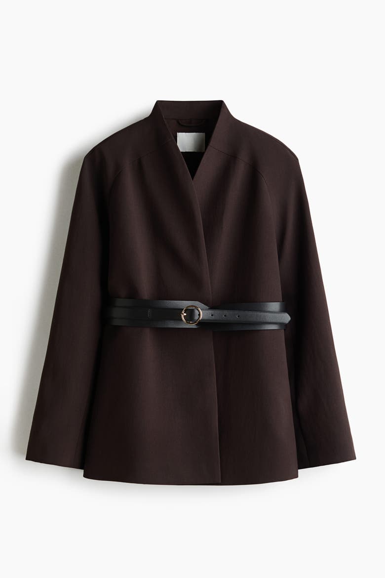 Belted Lapelless Jacket, Alternate, color, Dark brown