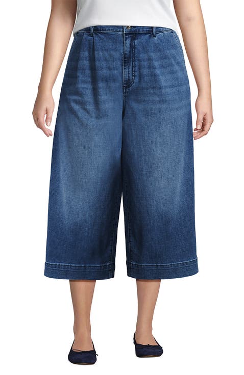 Plus Size Denim Mid Rise Wide Leg Culotte Jeans