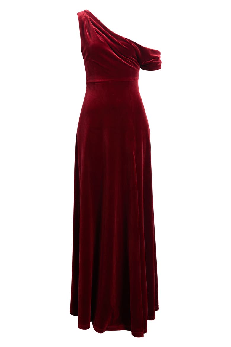 Anya Draped One-Shoulder Velvet Gown, Alternate, color, BRICK RED