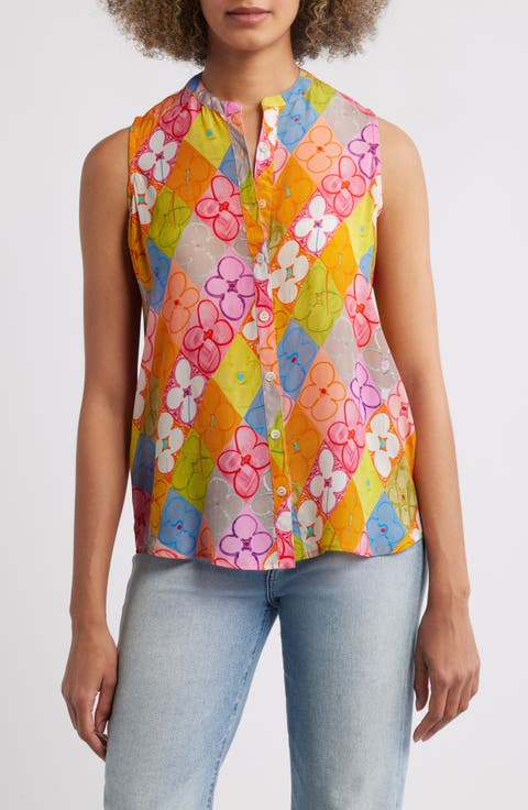 Print Chiffon Button-Up Sleeveless Top