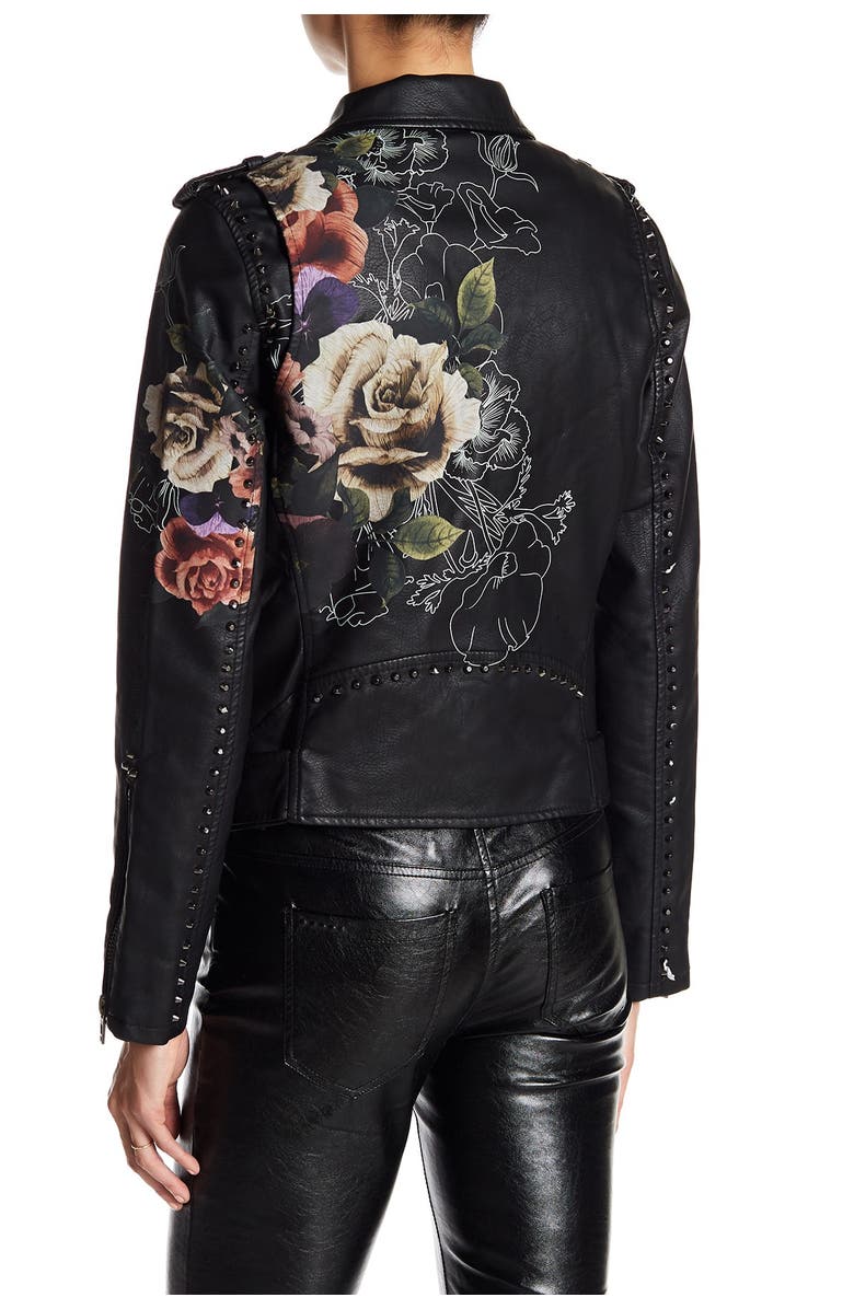 BLANKNYC Studded Floral Faux Leather Moto Jacket, Alternate, color,