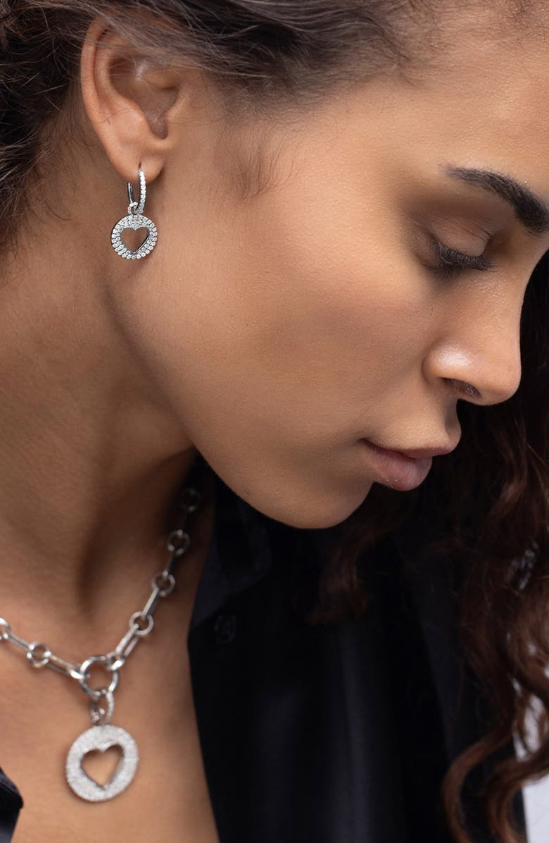 Sheryl Lowe Diamond Open Heart Charm On Huggie Hoop, Alternate, color, Sterling Silver