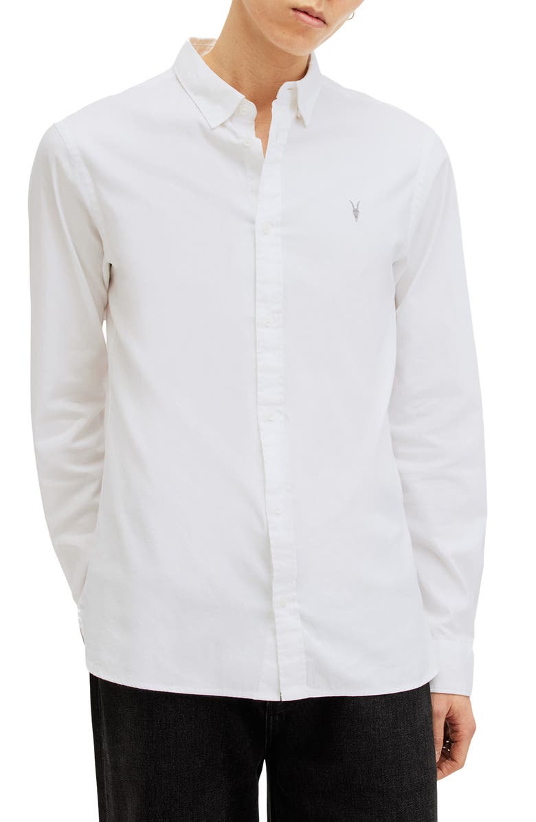 AllSaints Hawthorne Solid Stretch Cotton Button-Up Shirt, Main, color, White