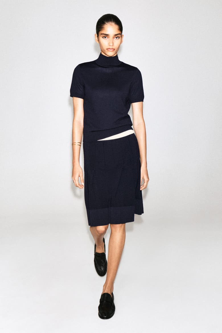 Pleated Merino Wool Midi Skirt, Main, color, NAVY