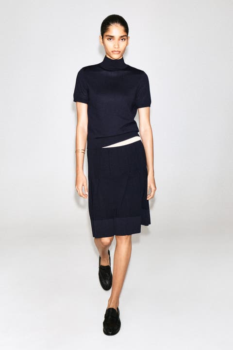 Pleated Merino Wool Midi Skirt