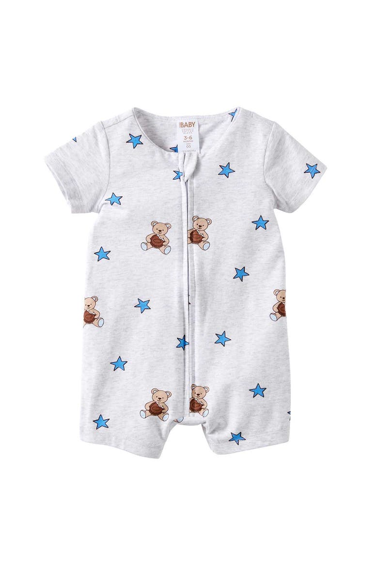 Growie Short Sleeve Zip All In One Romper, Main, color, Snow Marle Cookie-Star Bear