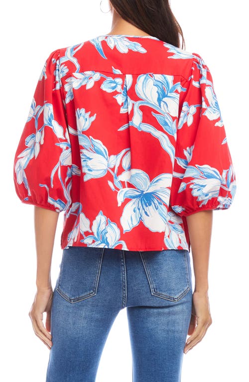 Karen Kane Floral Print Puff Sleeve Cotton Button-up Shirt