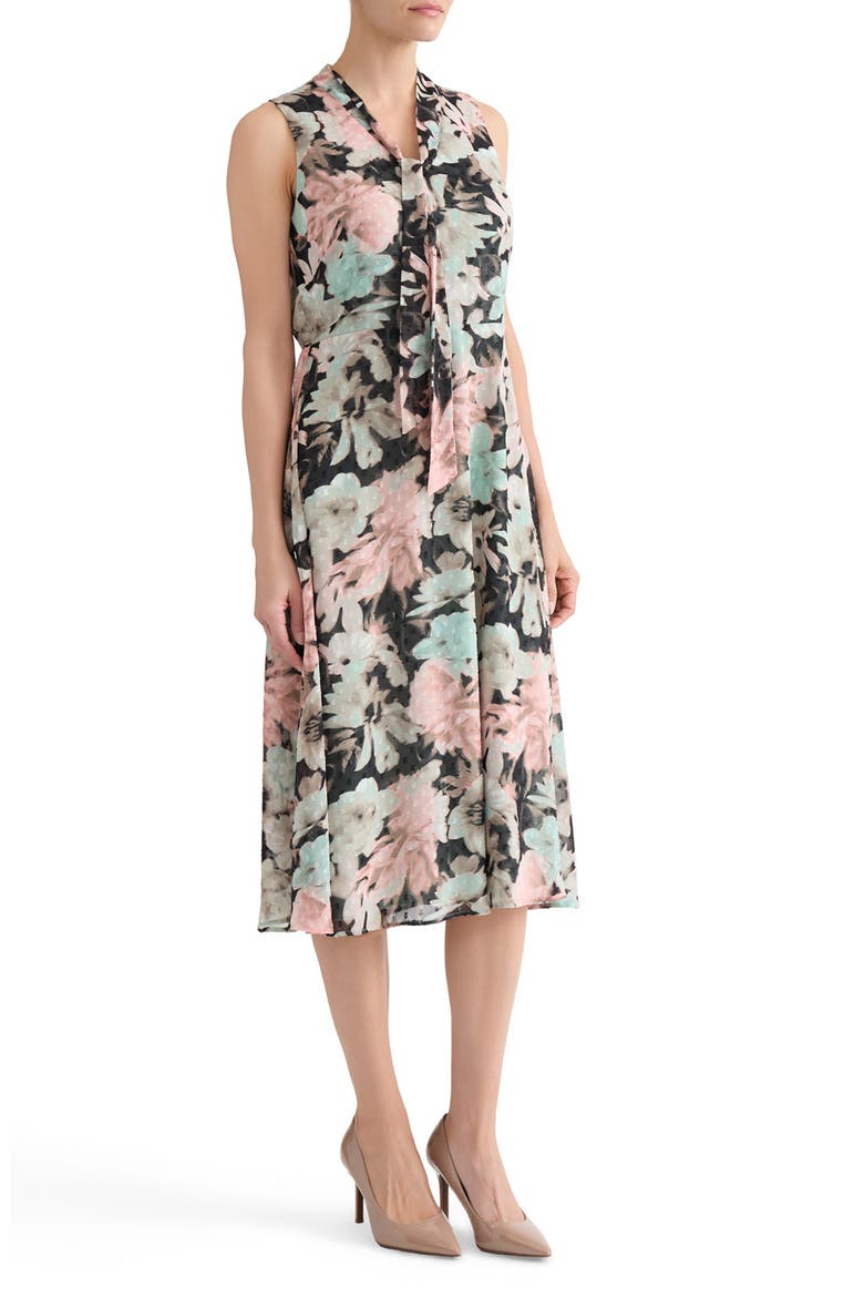 Floral Print Clip Dot Tie Neck Sleeveless Midi Dress, Alternate, color, BLACK MULTI