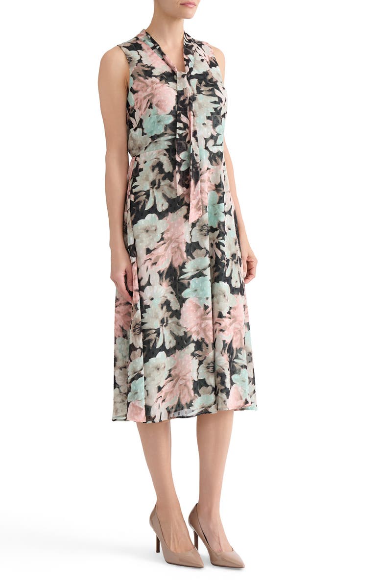 KASPER Floral Print Clip Dot Tie Neck Sleeveless Midi Dress, Alternate, color, Black Multi