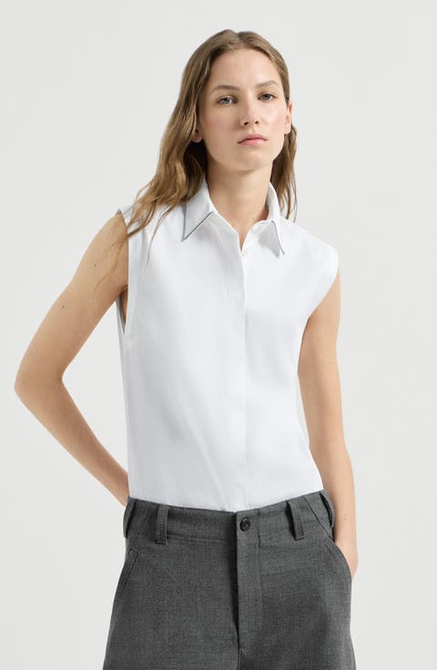 Stretch cotton poplin sleeveless shirt with shiny trim