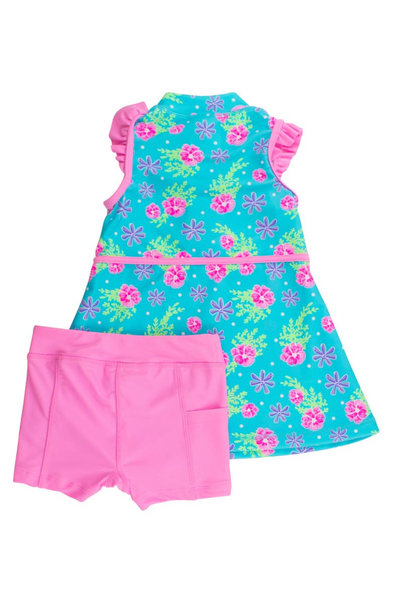 RuffleButts UPF50 Sleeveless Zip Ruffle Sleeve Active Dress, Alternate, color, Neon Happy Hibiscus