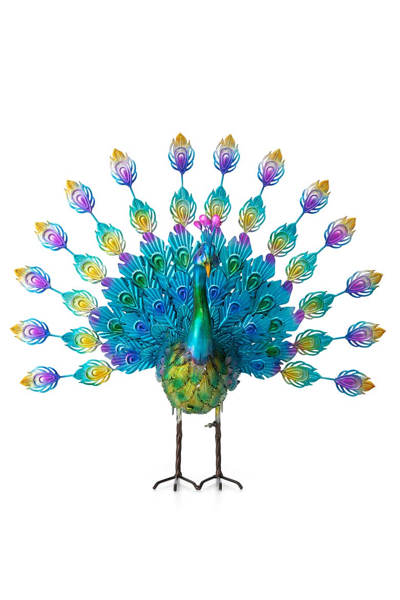 28.75"W Metal Peacock Tail Spread Garden Statue with Stakes, Main, color, Blue
