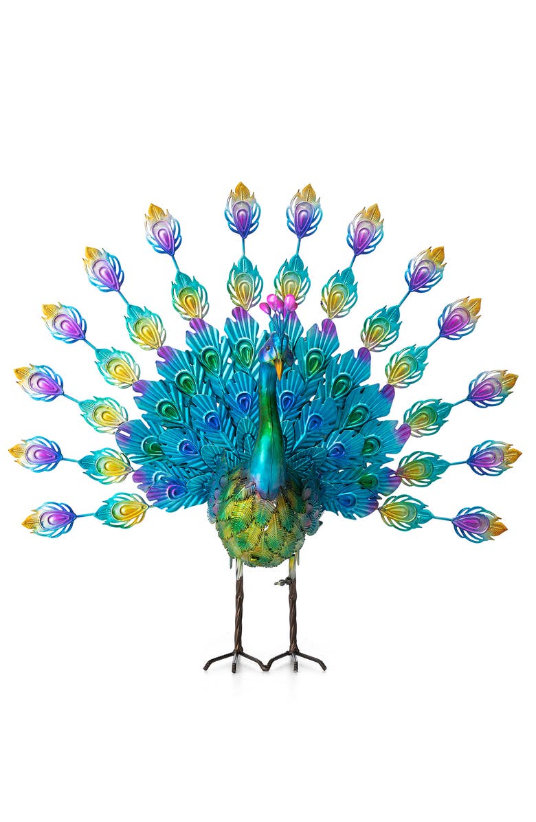 Glitzhome 28.75"W Metal Peacock Tail Spread Garden Statue with Stakes, Main, color, Blue