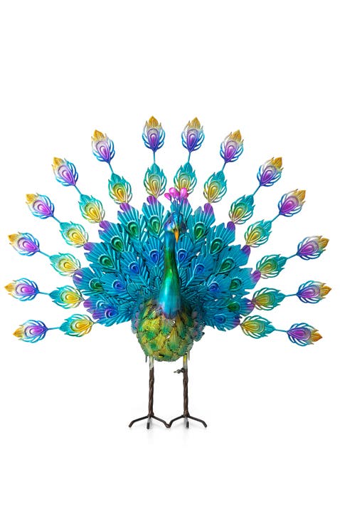28.75"W Metal Peacock Tail Spread Garden Statue with Stakes