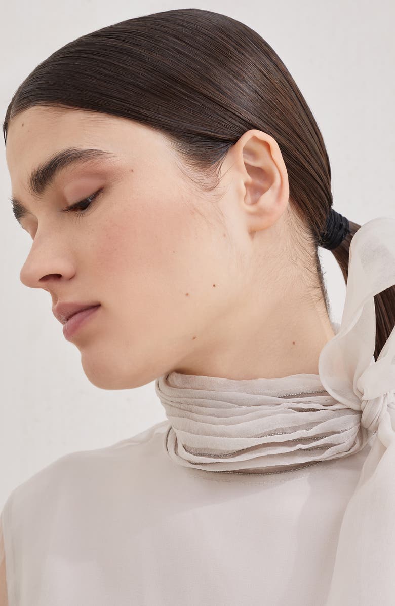 Brunello Cucinelli Pussybow blouse with monili, Alternate, color, Beige Silk