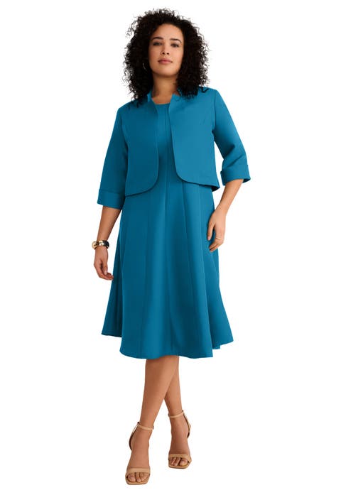 Plus Size Elbow Sleeve Fit And Flare Dress With Bolero Jacket 2 Piece Suit