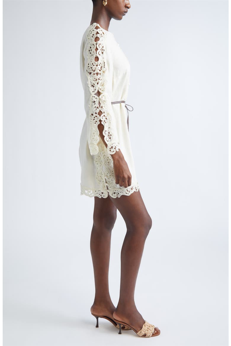 Awaken Long Sleeve Lace Trim Linen Minidress, Alternate, color, CREAM