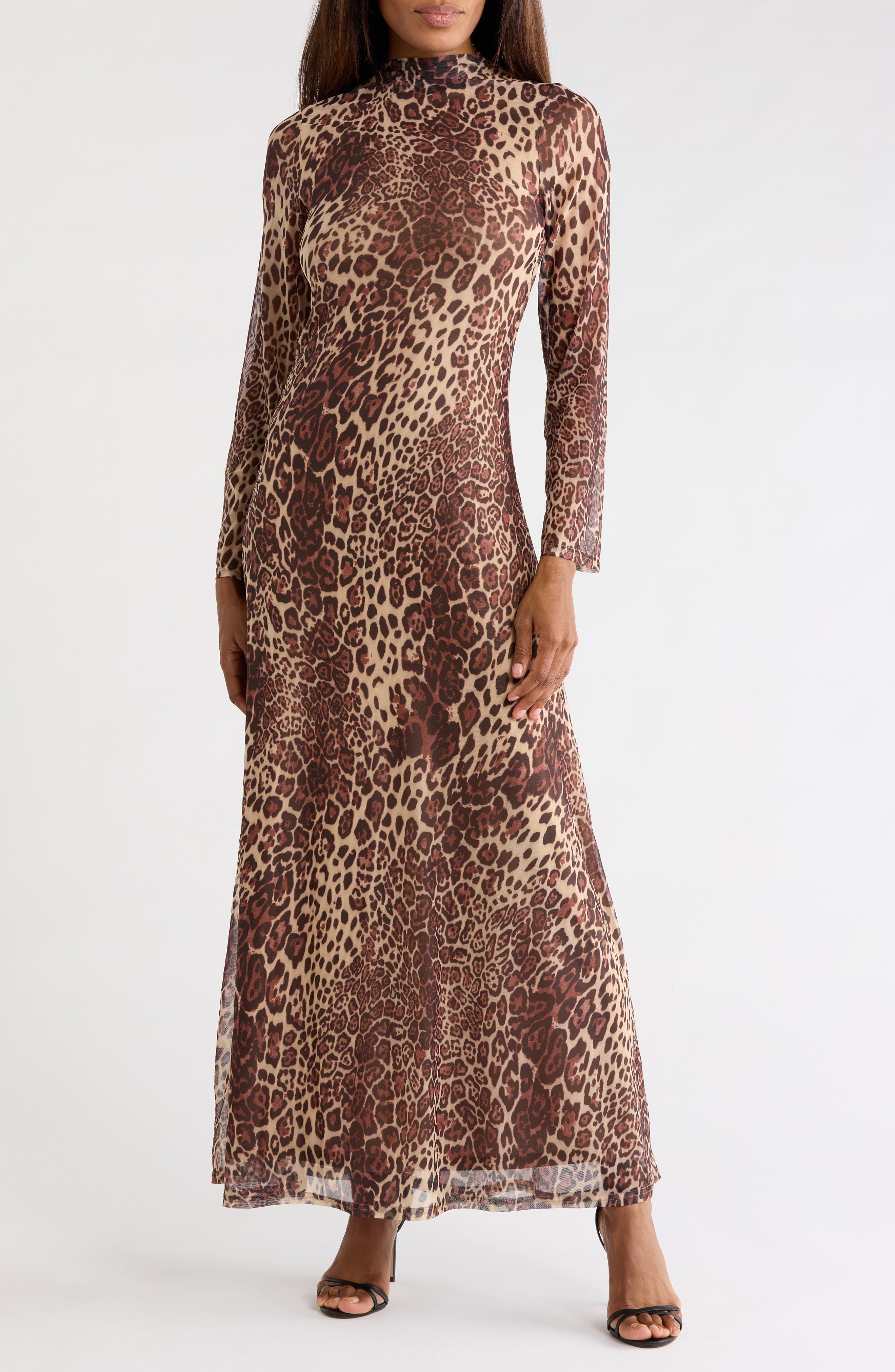 Leopard Print Long Sleeve Jersey Maxi Dress