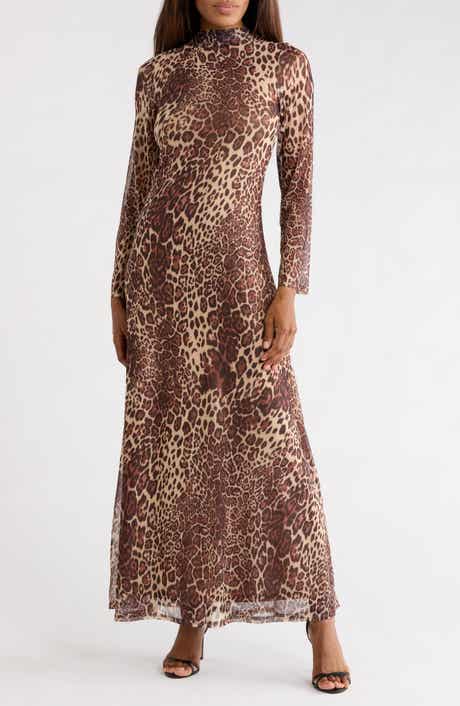 Leopard Print Long Sleeve Jersey Maxi Dress