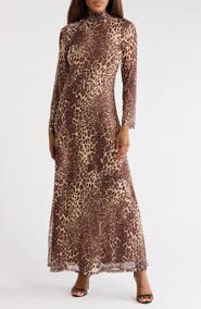 AREA STARS Leopard Print Long Sleeve Jersey Maxi Dress