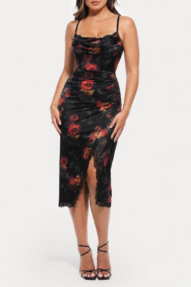 Resort-Ready Lace Trim Sculpting Floral-Print Midi Shaper Dress, Main, color, Bulgarian Rose