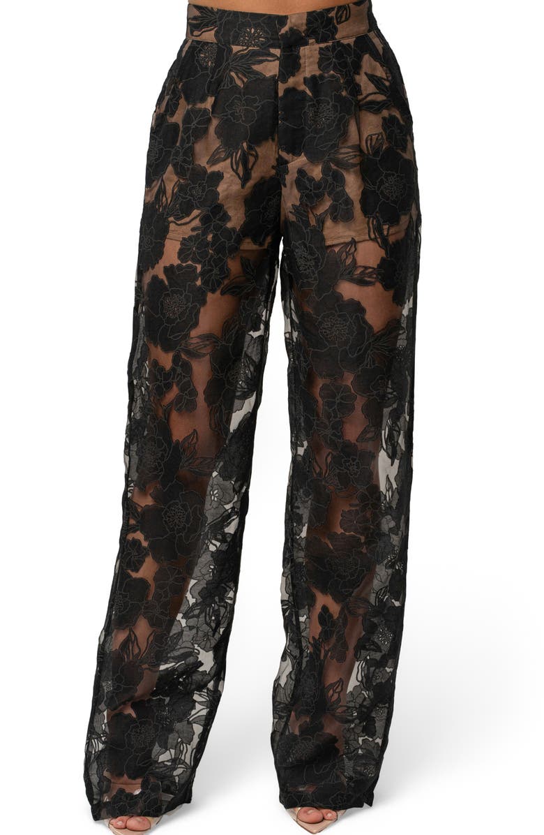JLUXLABEL Floral Organza Pants, Main, color, Black