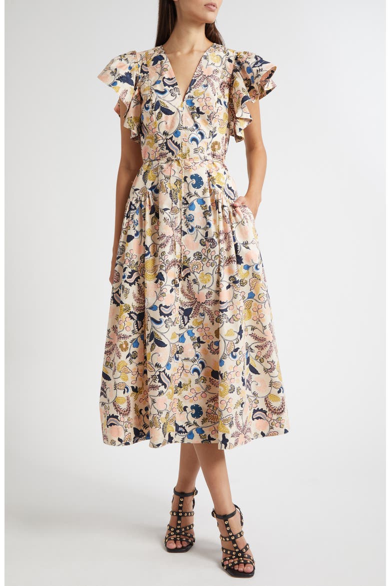 Darya Paisley Floral Flutter Sleeve Cotton Dress, Main, color, MAGNOLIA