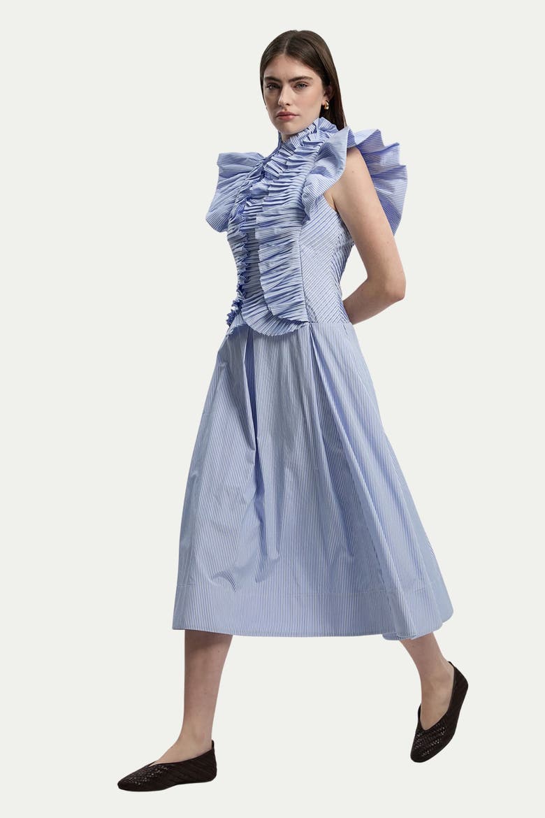 High Neck Pleated Ruffle Midi Dress, Alternate, color, Stripe