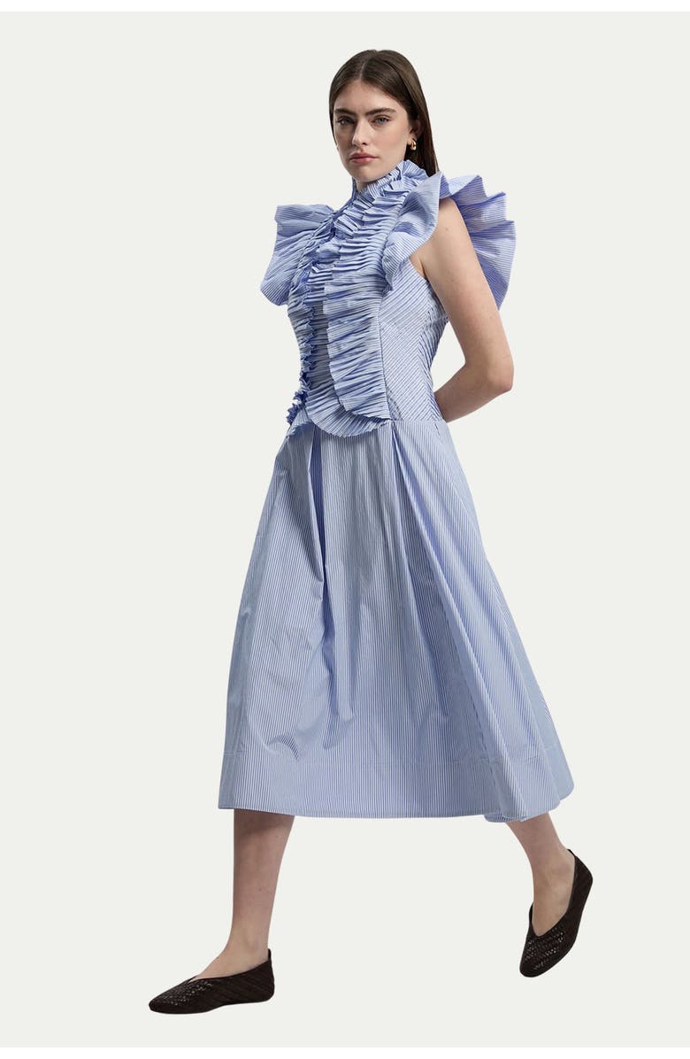 Karen Millen High Neck Pleated Ruffle Midi Dress, Alternate, color, Stripe