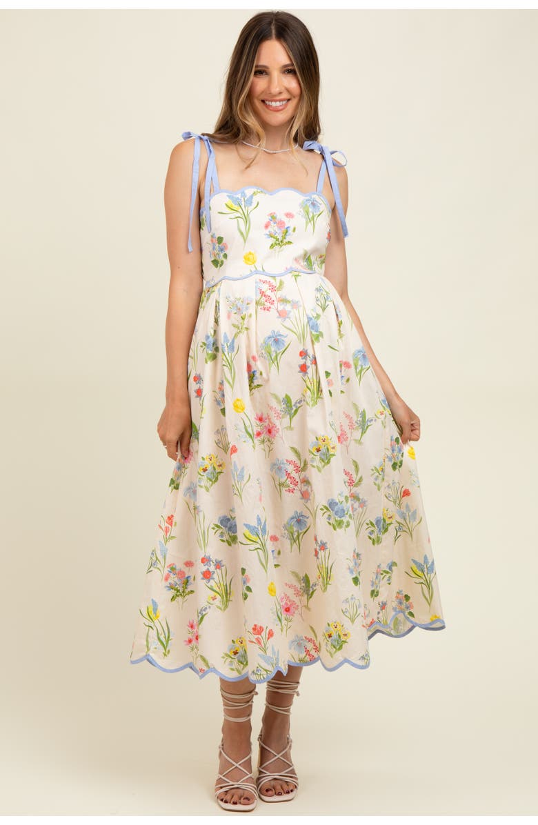 PinkBlush Floral Shoulder Tie Scallop Trim Midi Dress, Alternate, color, Cream
