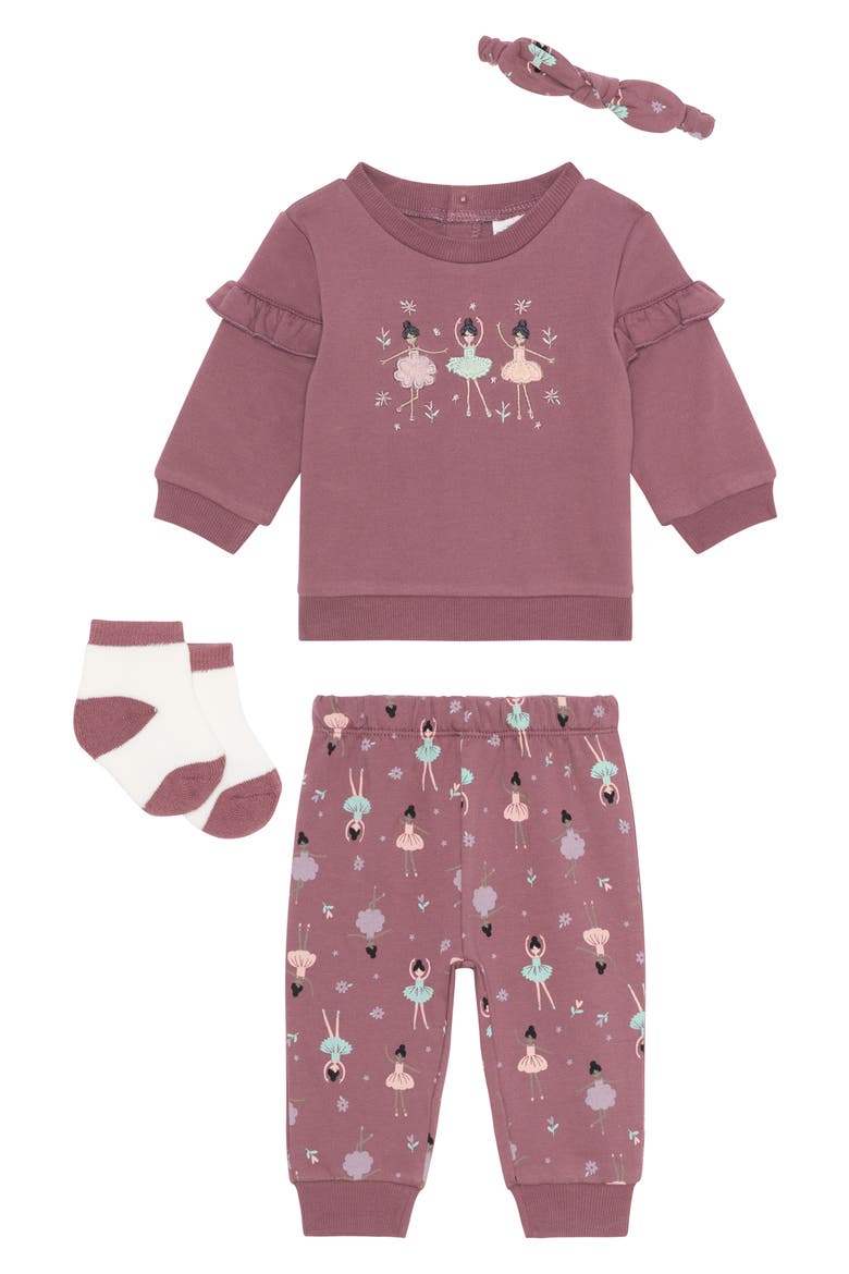 Appliqué Ruffle Sweatshirt, Joggers, Socks & Headband Set, Main, color, PUR-BALLET