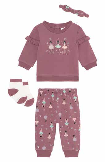 PL Baby by Petit Lem Appliqué Ruffle Sweatshirt, Joggers, Socks & Headband Set