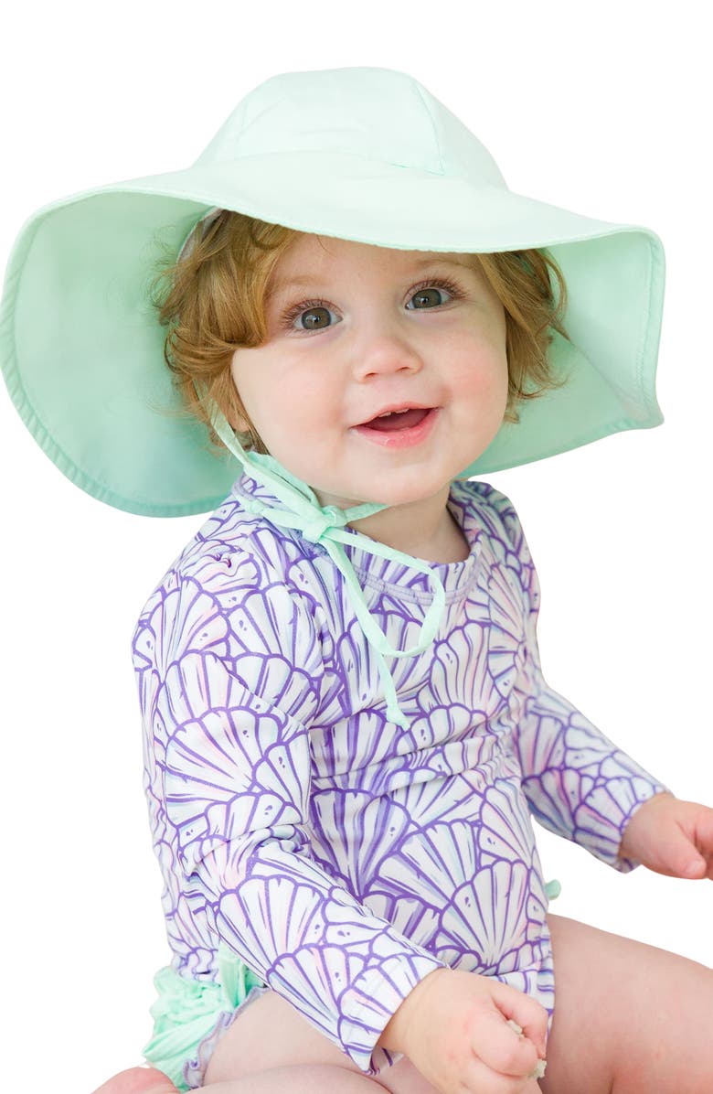 RuffleButts Magical Mermaid Long Sleeve One-Piece Rashguard Swimsuit & Hat Set, Alternate, color, Purple