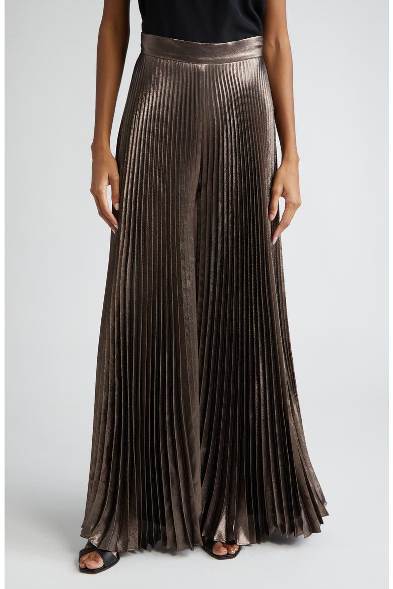 Panteon Pleated Metallic Silk Blend Wide Leg Pants, Main, color, BRONZE