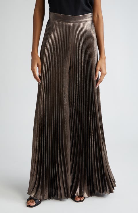 Panteon Pleated Metallic Silk Blend Wide Leg Pants