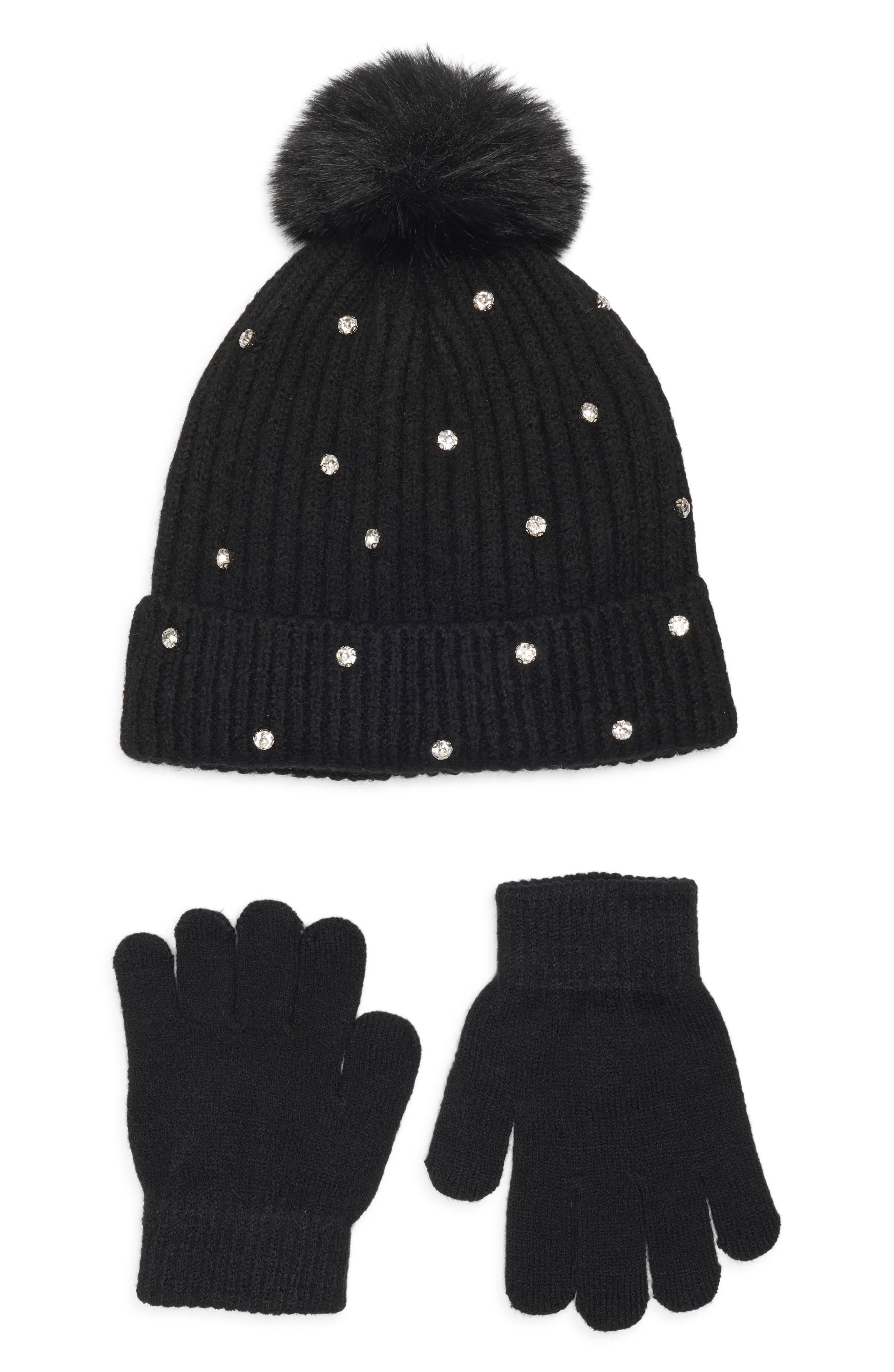 Capelli New York Kids' Crystal Embellished Rib Pompom Beanie & Gloves Set