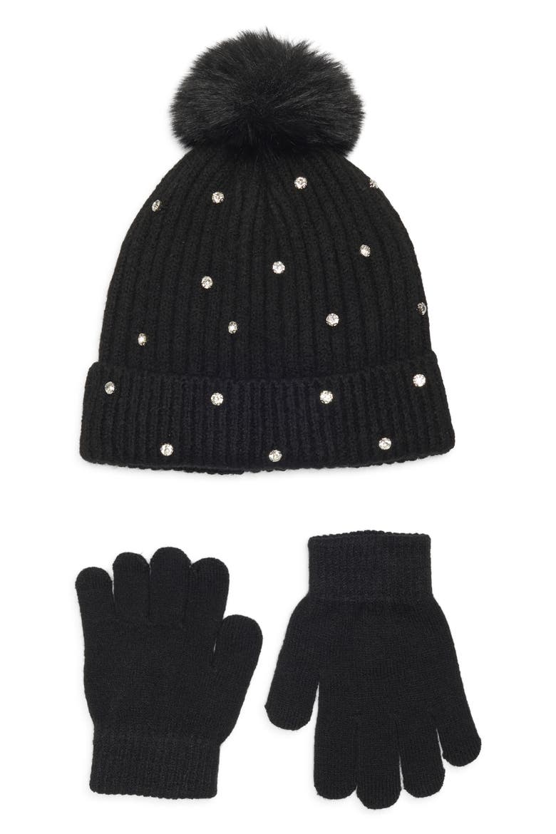 Kids' Crystal Embellished Rib Pompom Beanie & Gloves Set, Main, color, BLACK