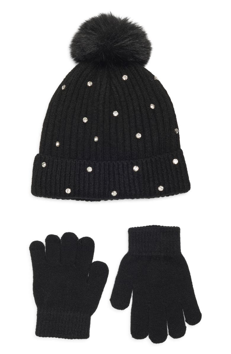 Capelli New York Kids' Crystal Embellished Rib Pompom Beanie & Gloves Set, Main, color, Black