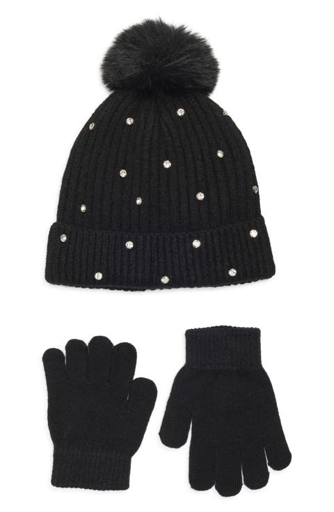 Kids' Crystal Embellished Rib Pompom Beanie & Gloves Set (Big Kid)