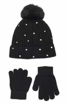 Capelli New York Kids' Crystal Embellished Rib Pompom Beanie & Gloves Set