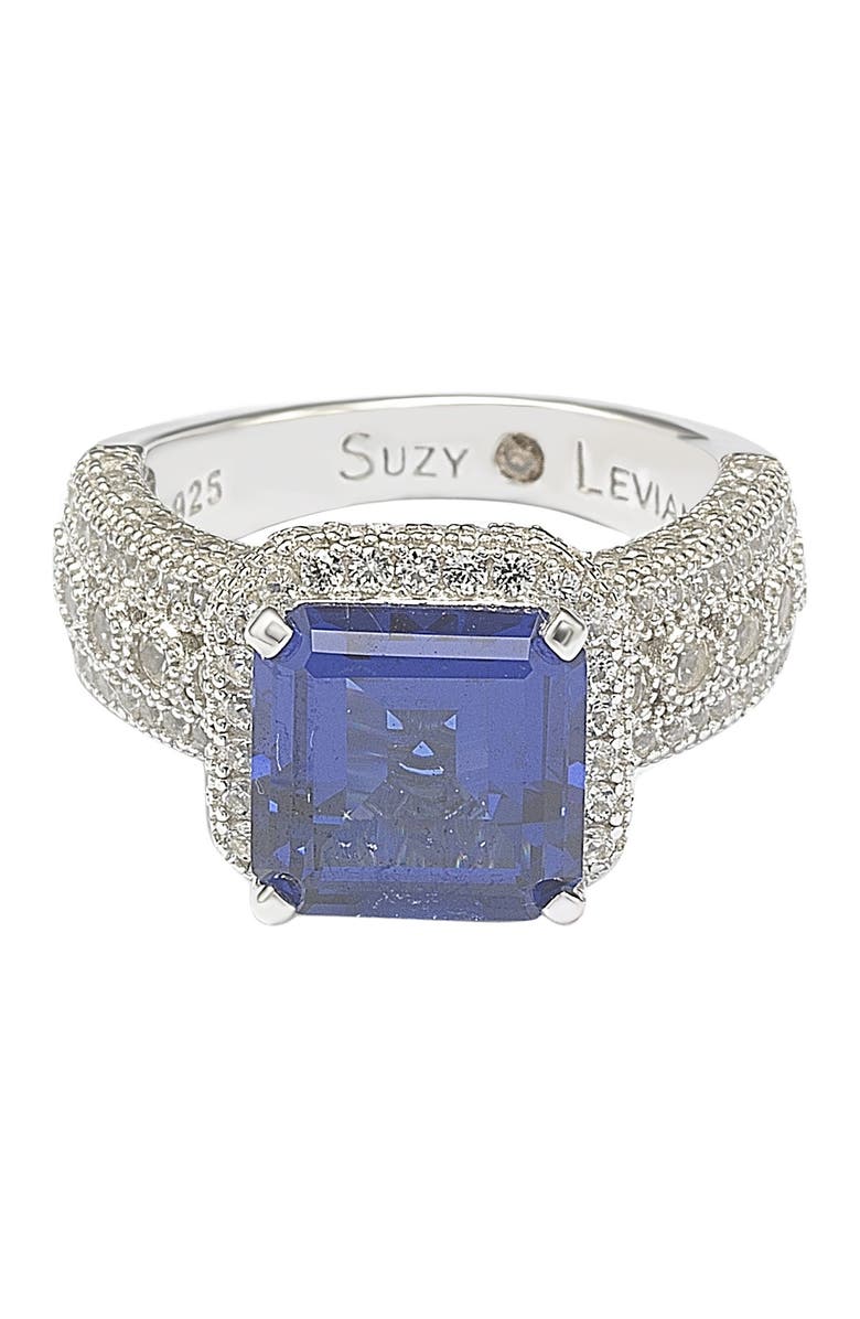 SUZY LEVIAN Sterling Silver Emerald-Cut Sapphire Diamond Accent Ring - 0.02 ctw, Alternate, color, Blue