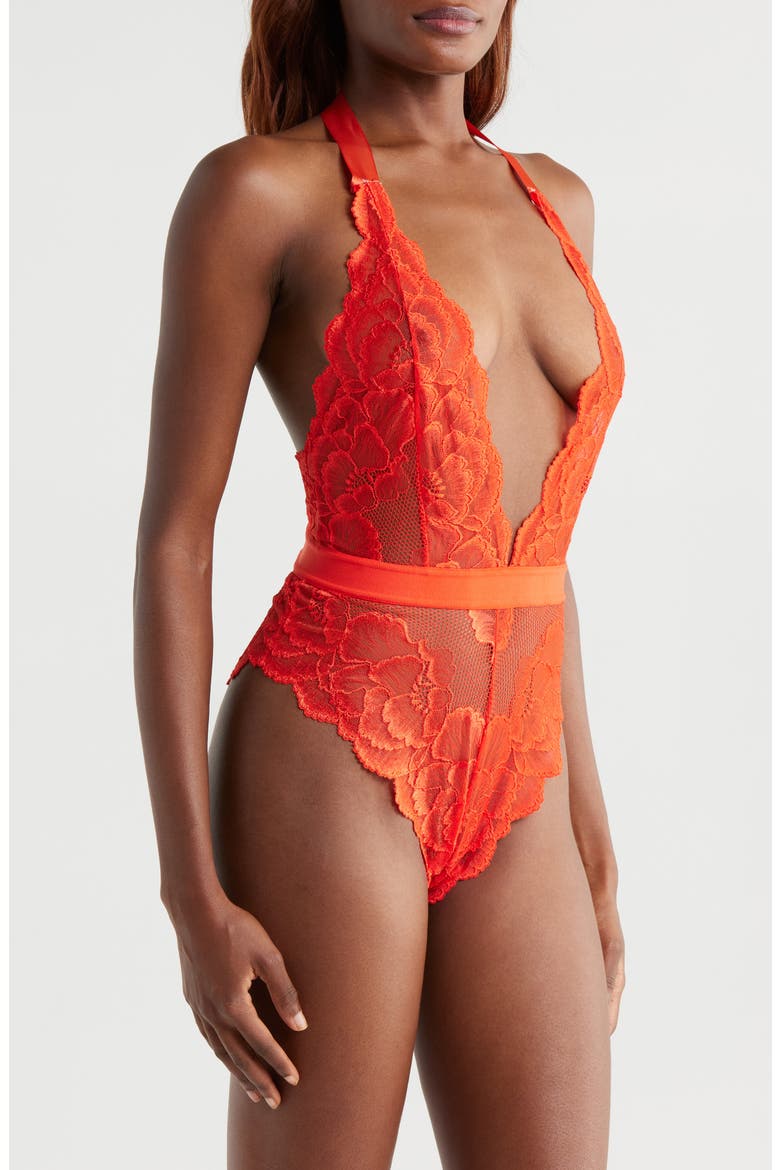 Floral Lace Halter Teddy, Alternate, color, TIGERLILY