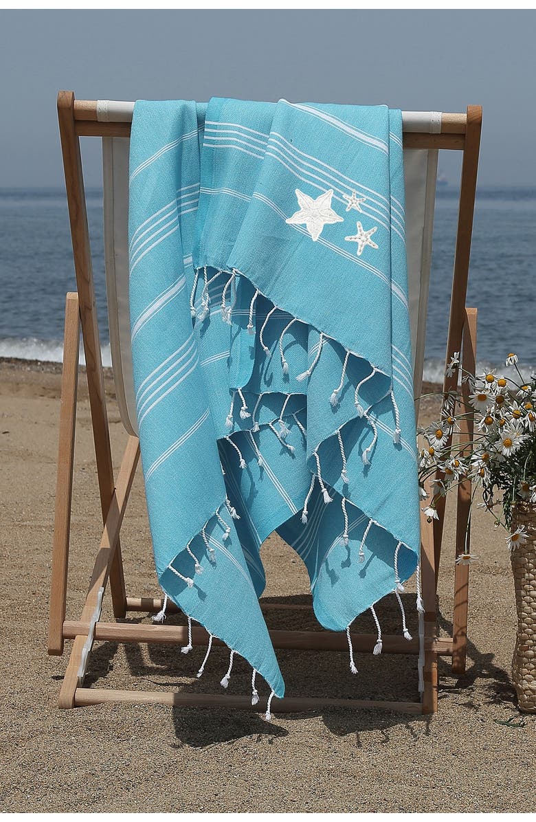 Linum Home Textiles 100% Turkish Cotton Lucky - Glittery Starfish Pestemal Beach Towel - Turquoise, Alternate, color,