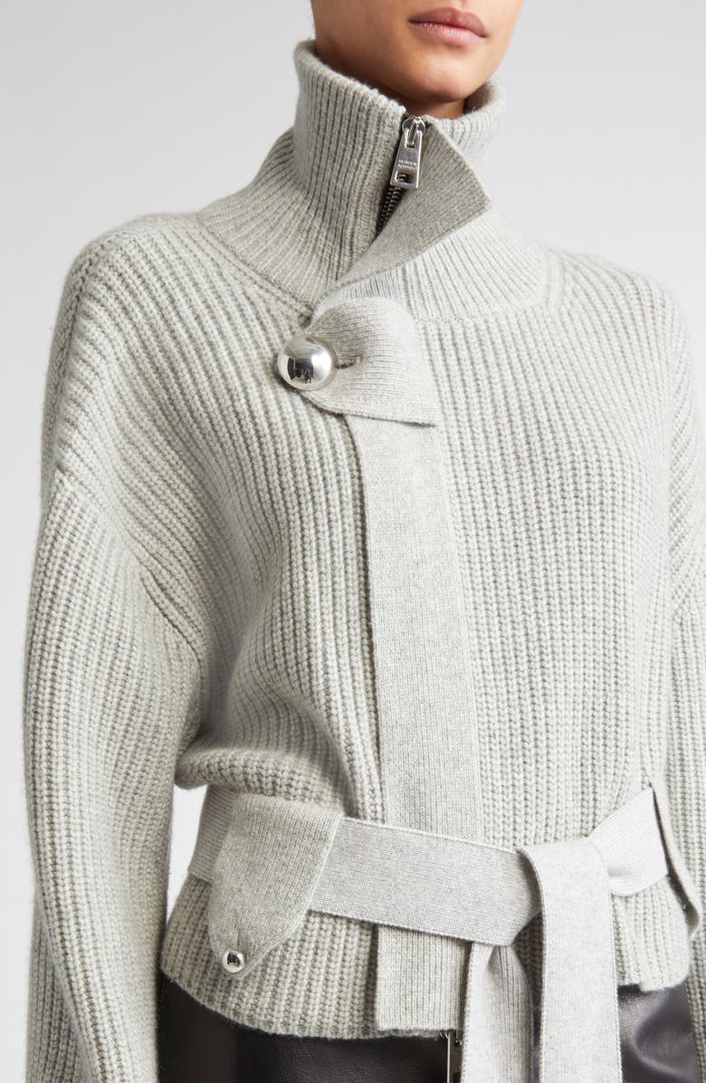 Brandon Maxwell The Neal Full Zip Belted Cardigan, Alternate, color, Foggy