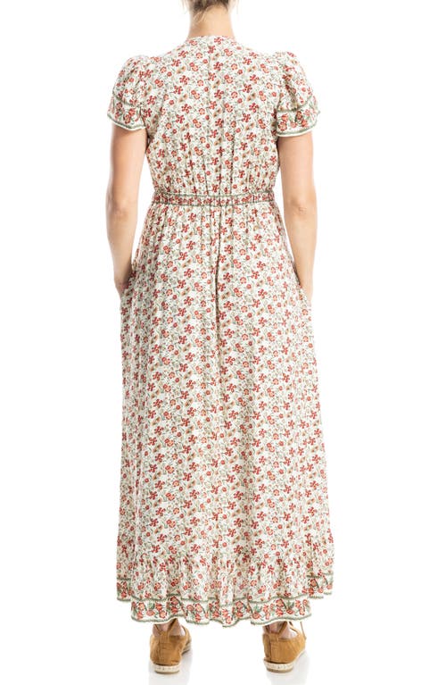 Max Studio Empire Waist Flutter Sleeve Maxi Dress In Cream Brown Red Floral
